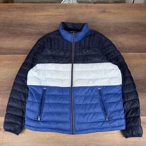 Tommy Hilfiger Mens Packable Down Puffer Jacket XXL Blue White Colorblock Spring
